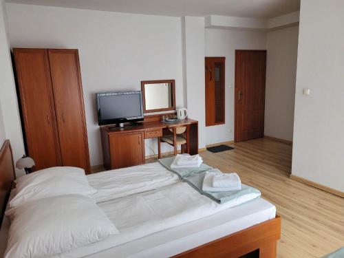 a bedroom with a large bed and a television at U Juhasa Miętówka in Białka Tatrzanska