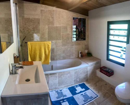 een badkamer met een wastafel en een bad bij La Kase Pouny in Saint-Leu