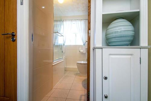 a bathroom with a toilet and a vase in a cabinet at Sunset View in Llanfairfechan