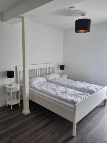 a bedroom with a white bed with a white canopy at J55 Apartments in Riga