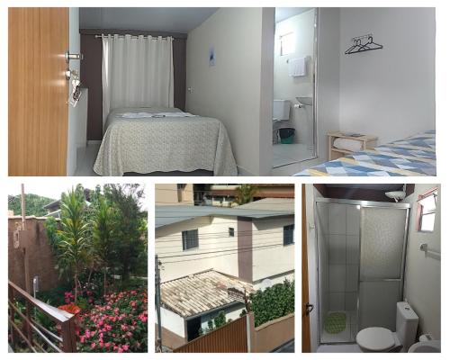 un collage de fotos de una habitación con cama y baño en Suites Pico do Cristal, en Caparaó Velho