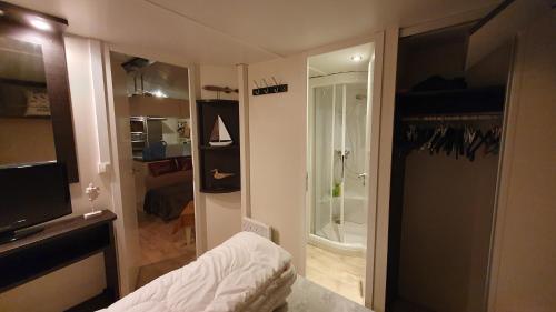 a bedroom with a walk in shower and a walk in closet at escale océane in Wenduine