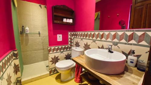 a pink bathroom with a toilet and a sink at Casa Rural Sierra de Aguafría. Finca El Robledillo in Monesterio