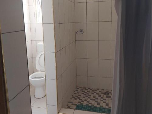 a bathroom with a toilet and a shower stall at P Wake Guesthouse in Opuwo