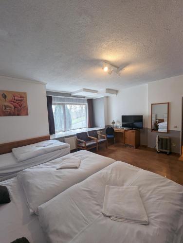 a hotel room with two beds and a television at Hotel Eiserner Anton in Bielefeld