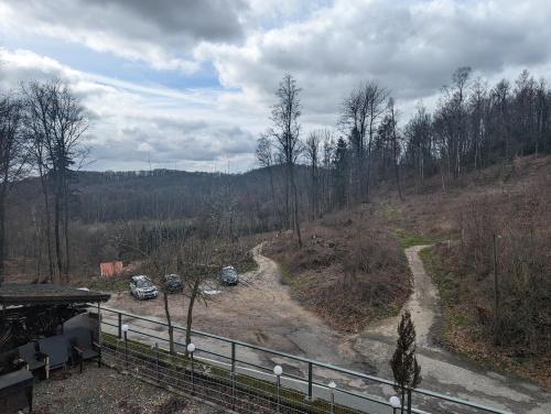 a view of a dirt road in a forest at Hotel Eiserner Anton in Bielefeld