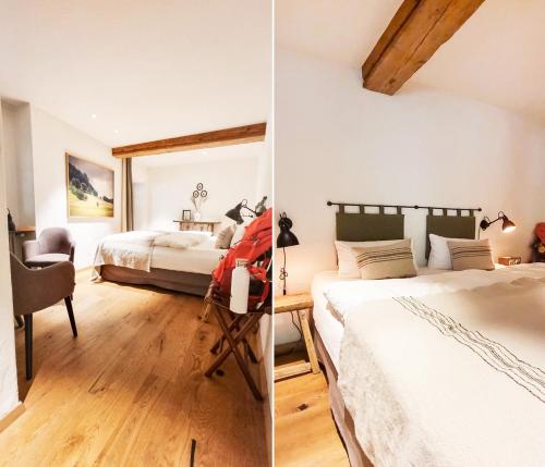 two images of a bedroom with two beds at Hotel & Restaurant Linde in Münstertal