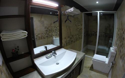 y baño con lavabo, aseo y espejo. en Winter Villa, en Kandy