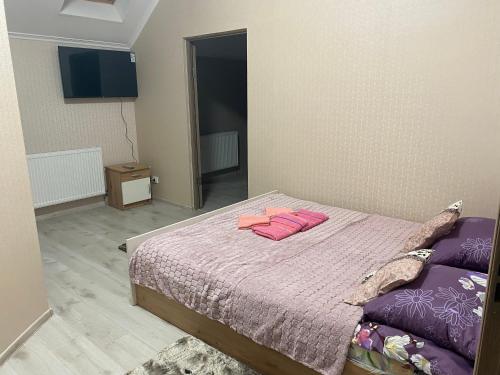 a bedroom with a bed with pink clothes on it at Катерина in Chynadiyovo