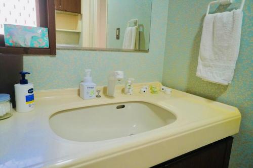 uma casa de banho com um lavatório branco e um espelho. em Foresta Karuizawa 3 em Miyota