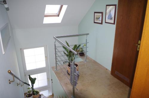 a staircase with a glass shelf with plants on it at Ferienwohnung Friedrichswalde in Bahretal