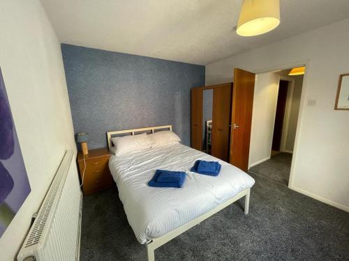 a bedroom with a bed with two blue pillows on it at 2 Bedroom Ground Floor Holiday Apartment Skegness in Skegness