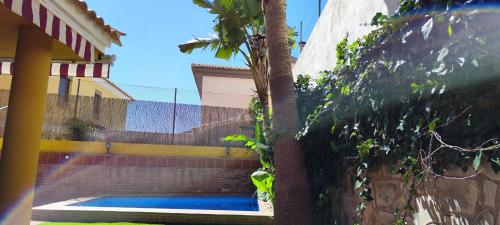 a palm tree next to a building with a pool at Villa Granada Motril in Motril
