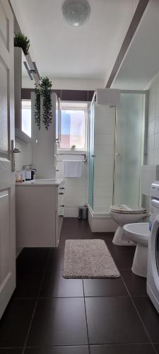 a white bathroom with a sink and a toilet at Apartman Odin in Čižići
