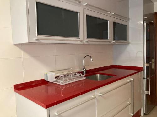 a kitchen with a sink and a red counter top at Turismo rural, San Sebastián,playa, parking privado in Azpeitia