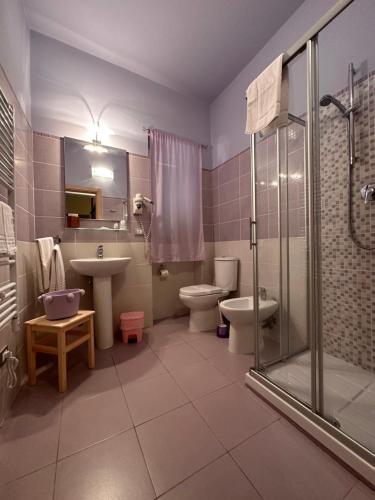 a bathroom with a shower and a toilet and a sink at Casa del Palombaro in Le Grazie