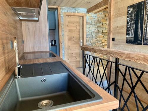eine Küche mit einem Waschbecken in einer Hütte in der Unterkunft Spacious apartment in Chatel with ski-storage in Châtel