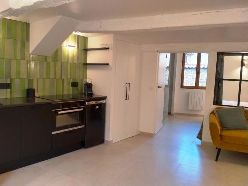 une cuisine avec des comptoirs noirs et des armoires vertes dans l'établissement Apartement Victor, à Tourtour