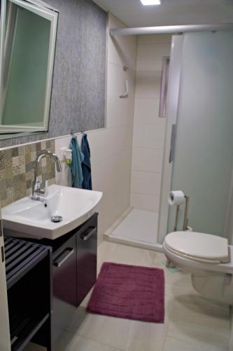 Un baño con lavabo, inodoro y ducha. en hübsche Souterrainwohnung, en Königslutter am Elm
