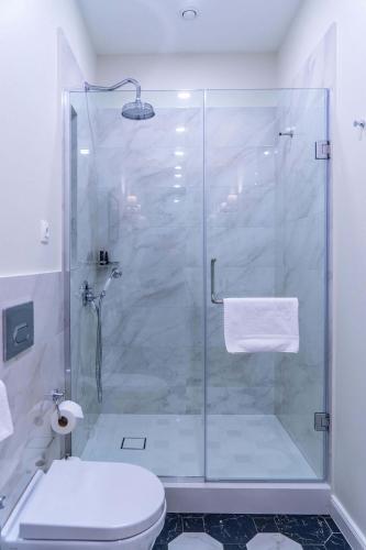 a bathroom with a glass shower with a toilet at TIFLIS OPERA Aparthotel in Tbilisi City