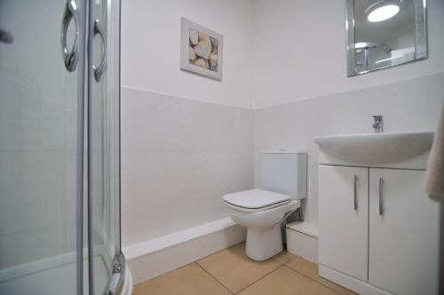 a white bathroom with a toilet and a sink at Murton Grange in York