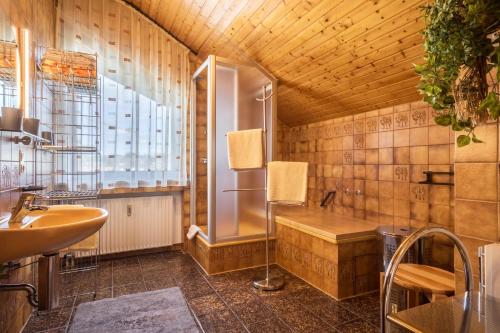 y baño con ducha y lavamanos. en Ferienwohnung Camilla Wagner, en Amtzell