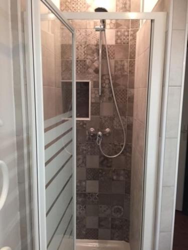 une douche avec une porte vitrée dans une salle de bain dans l'établissement Appartement 2 personnes avec terrasse/balcon, à Bardos