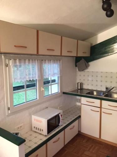 une petite cuisine avec un four micro-ondes sur un comptoir dans l'établissement Appartement 2 personnes avec terrasse/balcon, à Bardos