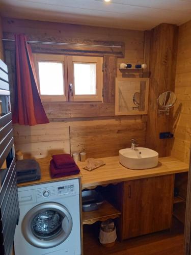 ein Badezimmer mit einer Waschmaschine und einem Waschbecken in der Unterkunft Eco-Logis des Cabris in Font-Romeu