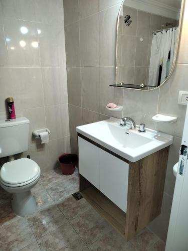 a bathroom with a toilet and a sink and a mirror at Temporarios Roque Saenz Peña, Dto D in Puerto Madryn