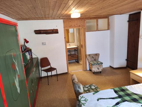 Mendola的住宿－L'antico Maso，一间卧室配有一张床、一张桌子和一把椅子