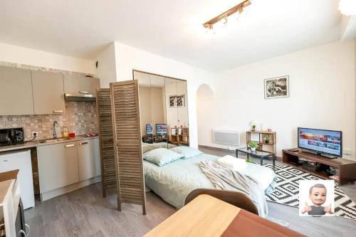 kuchnia i sypialnia z łóżkiem w pokoju w obiekcie "La Dolce Vita" Studio cosy avec balcon w mieście Pau