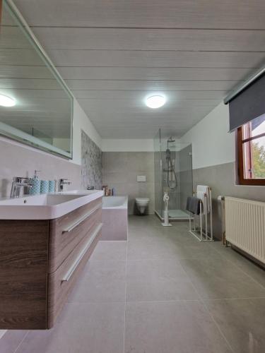 a bathroom with a sink and a tub and a toilet at Ferienwohnung am Fuschlsee in Fuschl am See