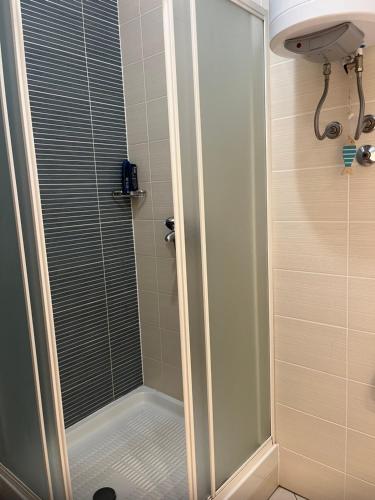 a shower with a glass door in a bathroom at Apartman Maja in Selce