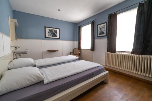 1 dormitorio con 2 camas y paredes azules en Hotel Albani, en Winterthur