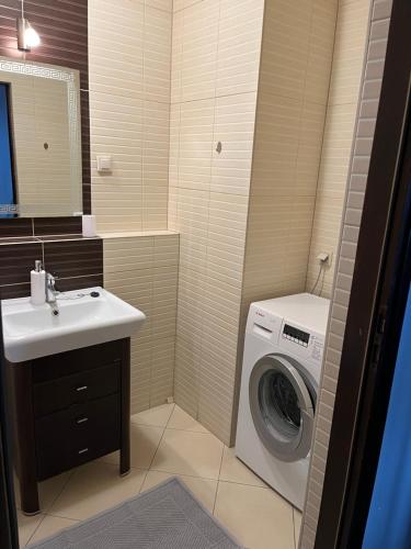 bagno con lavatrice e lavandino di Tylna 8 Apartments a Łódź