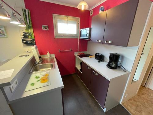 - une petite cuisine avec évier et murs rouges dans l'établissement Studio calme à 2 pas de la plage avec balcon et garage - FR-1-550-17, à Saint-Georges-de-Didonne