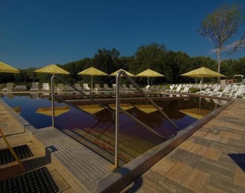 a swimming pool with umbrellas and chairs and a pool at Ceremoniár in Poľný Kesov