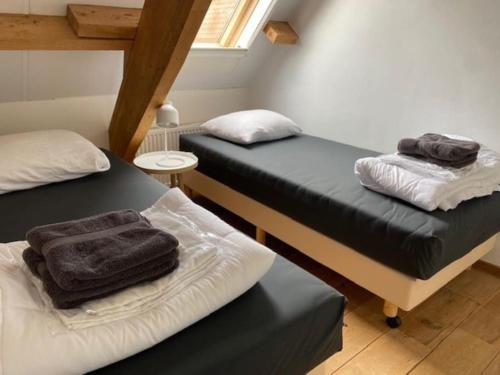 Habitación con 2 camas y toallas. en Ballumerhoeve Fleuri lodge, en Ballum