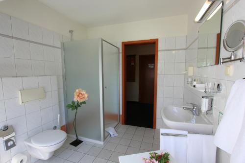 La salle de bains blanche est pourvue de toilettes et d'un lavabo. dans l'établissement Residenzia Hotel Grenadier, à Munster im Heidekreis