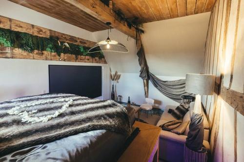 1 dormitorio con 1 cama y TV. en Le Duplex de l'Etoile home cinéma jacuzzi et sauna privatif, en Longmesnil