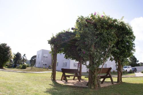 a wooden park bench sitting next to a tree at Pousada Bom Pastor in Caxias do Sul
