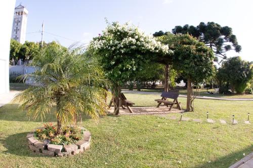 a park with a palm tree and a bench at Pousada Bom Pastor in Caxias do Sul