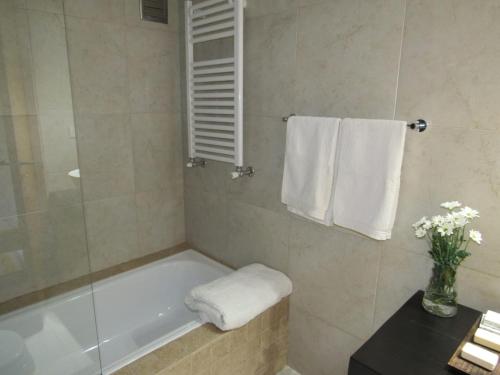 y baño con bañera, ducha y toallas. en GreJa Lodge, Limay, Patagonia en Dina Huapi