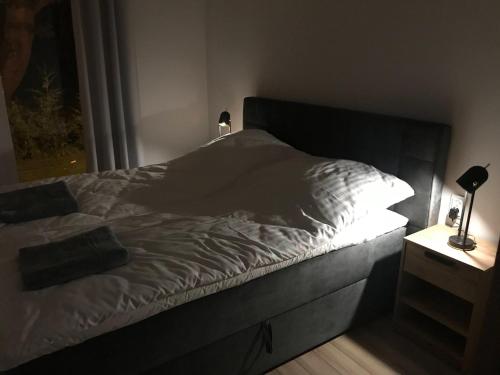 1 cama en un dormitorio con mesita de noche y ventana en Bryza Morska en Świnoujście