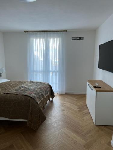 a bedroom with a bed and a flat screen tv at Villa Relax in Stresa