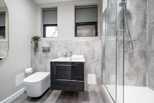 een badkamer met een toilet, een wastafel en een douche bij Host & Stay - The Coachouse at Pilgrim St in Liverpool