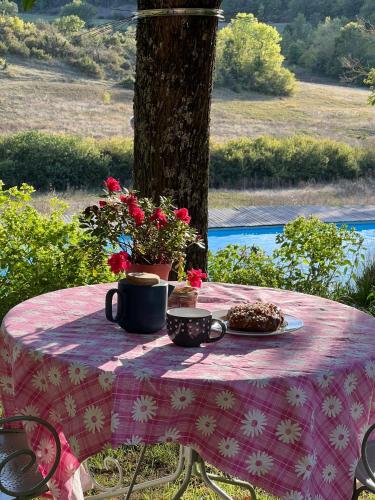 a table with a pink table cloth on a tree at LA CHAMBRE DU CANTOU in Lautrec