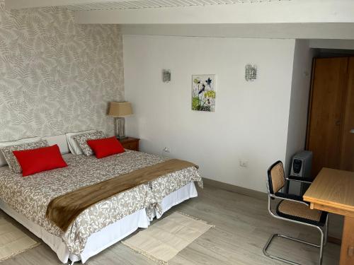 a bedroom with a bed with two red pillows at Casa La Oliva in Garachico