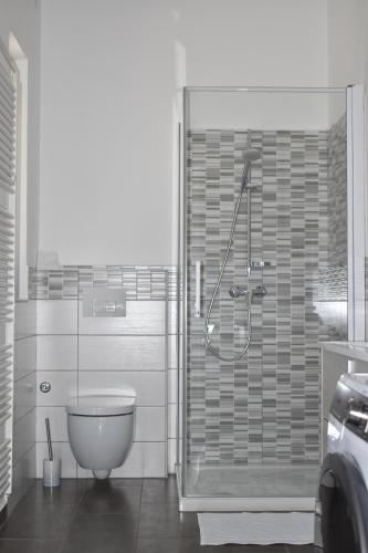 a bathroom with a shower with a toilet and a sink at Apartment Angela in Portorož